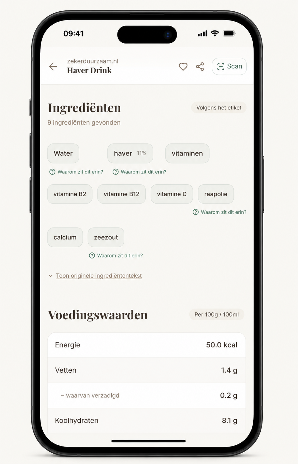 Ingrediënten en voedingswaarden in de Wat Zit Erin-app
